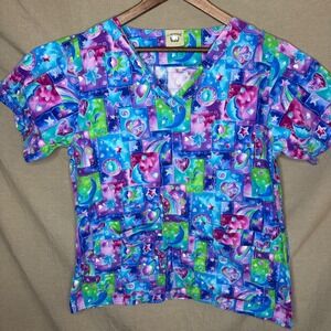 Cottonality Celestial Moon Star Heart Print Scrub Top Blue Purple V-Neck